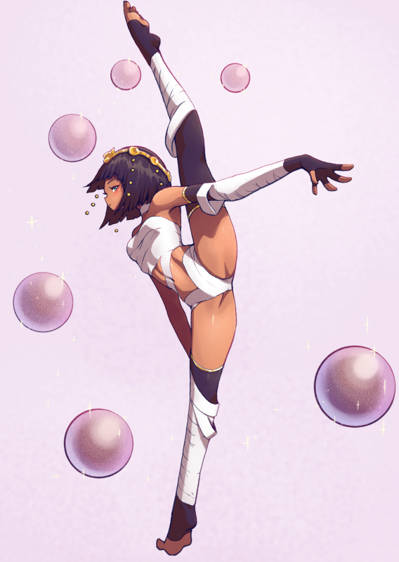 1girl, alternate_costume, armpits, bandage, bandaged_arm, bandaged_leg, bandages, covered_navel, crystal_ball, dark_skin, feet, fingerless_gloves, flexible, full_body, gloves, konbudou, leg_up, looking_at_viewer, menat, midriff, purple_hair, sarashi, simple_background, solo, stomach, street_fighter, street_fighter_v, stretch, thigh-highs, tiara, tiptoes, toeless_legwear, toes