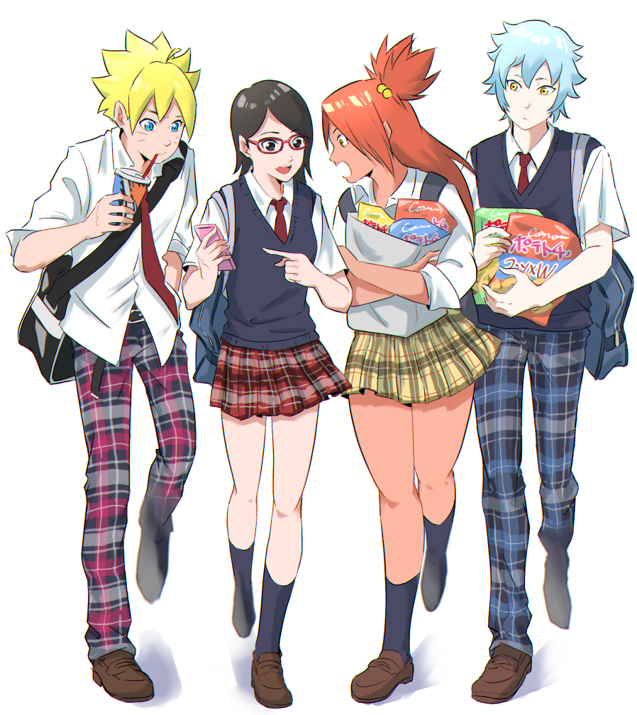 2boys, 2girls, ahoge, akimichi_chouchou, bag, black_eyes, black_hair, black_legwear