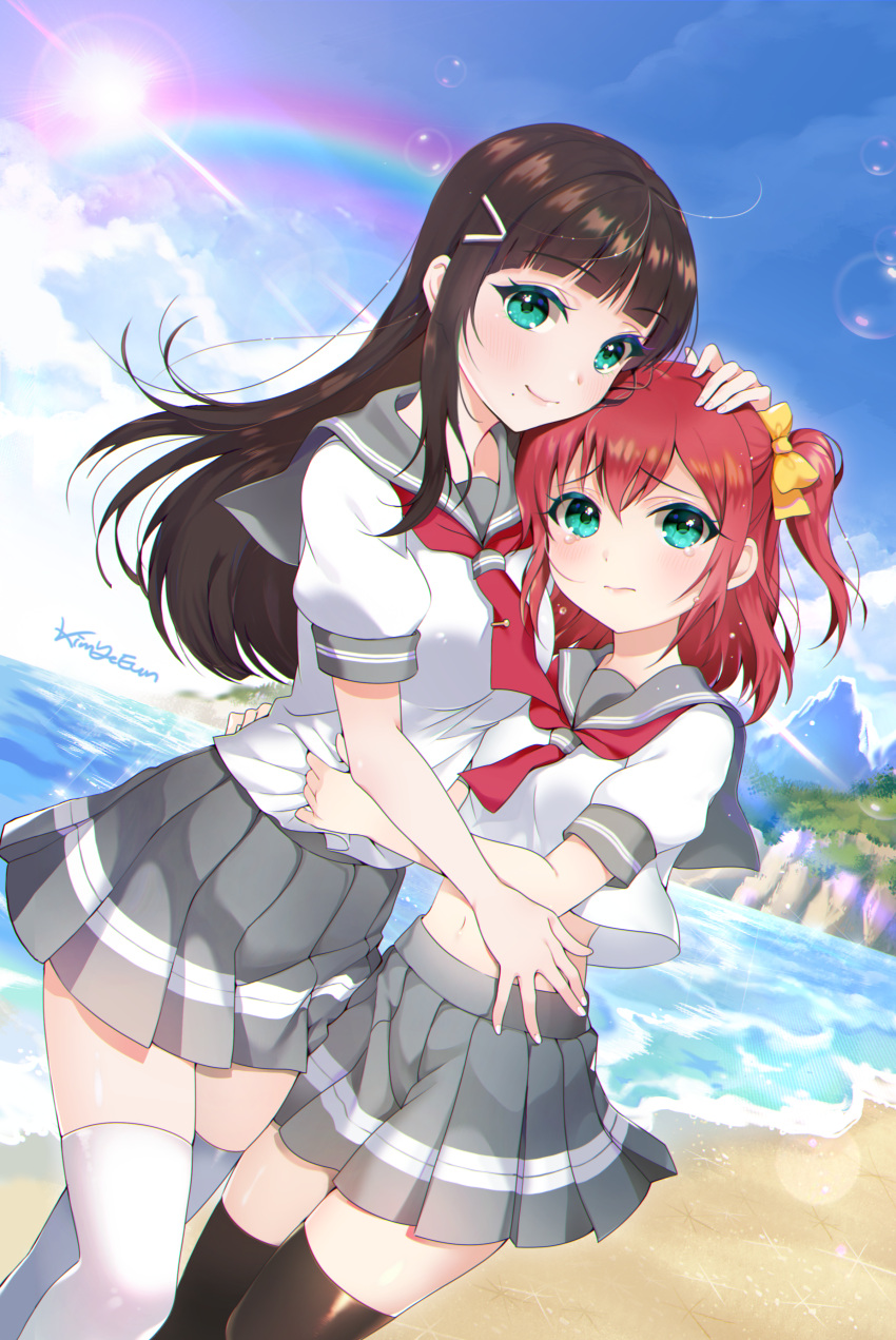 2girls, 3:, absurdres, aqua_eyes, bangs, beach, black_hair, black_legwear