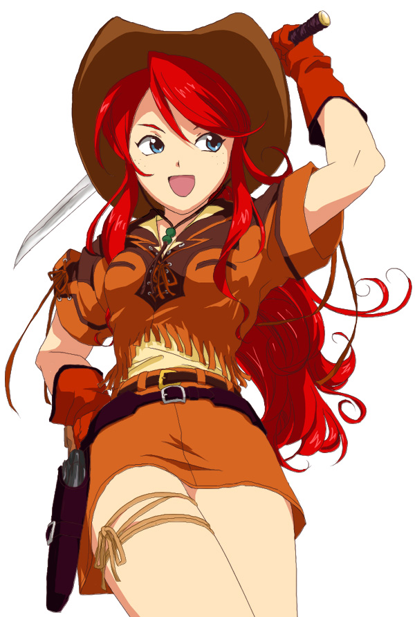 blue_eyes, cowboy_hat, cowgirl, endo, freckles, fringe, gemini_sunrise, gloves, gun_holster, hat, holster, katana, ponytail, red_hair, redhead, sakura_taisen, sakura_taisen_v, skirt, sword, thigh_strap, weapon, western