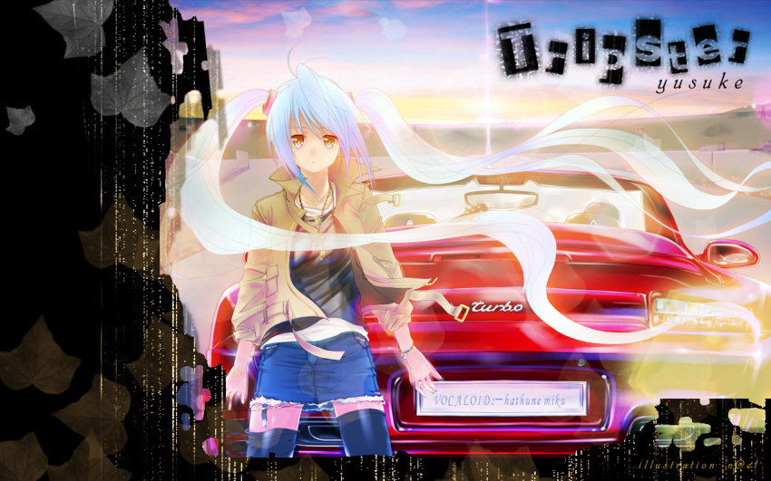 car, hatsune_miku, long_hair, motor_vehicle, nael, porsche, porsche_911_turbo, skirt