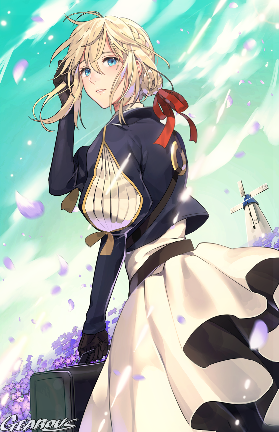 1girl, adjusting_hair, artist_name, bangs, blonde_hair, blue_eyes, blue_jacket, braid