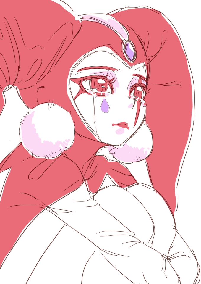 1girl, bodysuit, chrono_cross, closed_mouth, commentary_request, crying, eyelashes, eyes, facepaint, facial_mark, flat_color, forehead_jewel, harlequin, hat, jester, jester_cap, leg_hug, limited_palette, pom_pom_(clothes), red_bodysuit, red_eyes, s-a-murai, sad, simple_background, sitting, sketch, solo, tsukuyomi_(chrono_cross), white_background