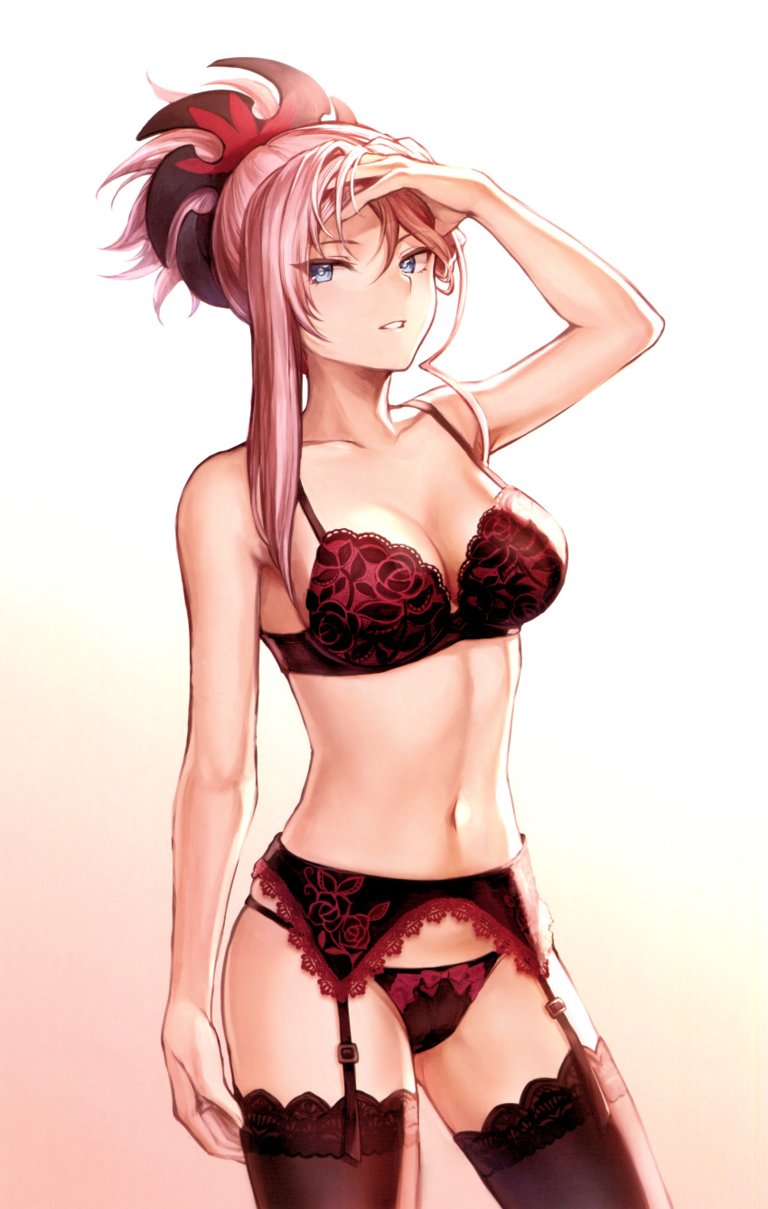 1girl, absurdres, arm_at_side, arm_up, ass_visible_through_thighs, black_legwear, black_panties, blue_eyes
