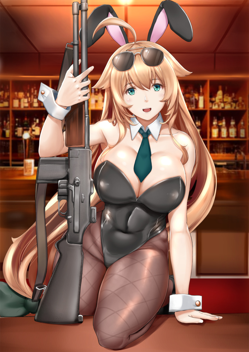 1girl, absurdres, ahoge, animal_ears, aqua_eyes, aqua_neckwear, arm_support, bar