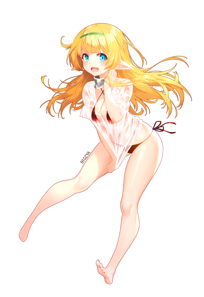1girl, artist_name, barefoot, bikini, black_bikini, blonde_hair, blue_eyes, breasts, cleavage, collar, commentary_request, elf, full_body, guohua, hairband, isekai_maou_to_shoukan_shoujo_dorei_majutsu, large_breasts, long_hair, looking_at_viewer, open_mouth, pointy_ears, see-through, shera_l_greenwood, shirt, shirt_tug, side-tie_bikini, simple_background, smile, solo, swimsuit, wet, wet_clothes, wet_shirt, white_background, white_shirt