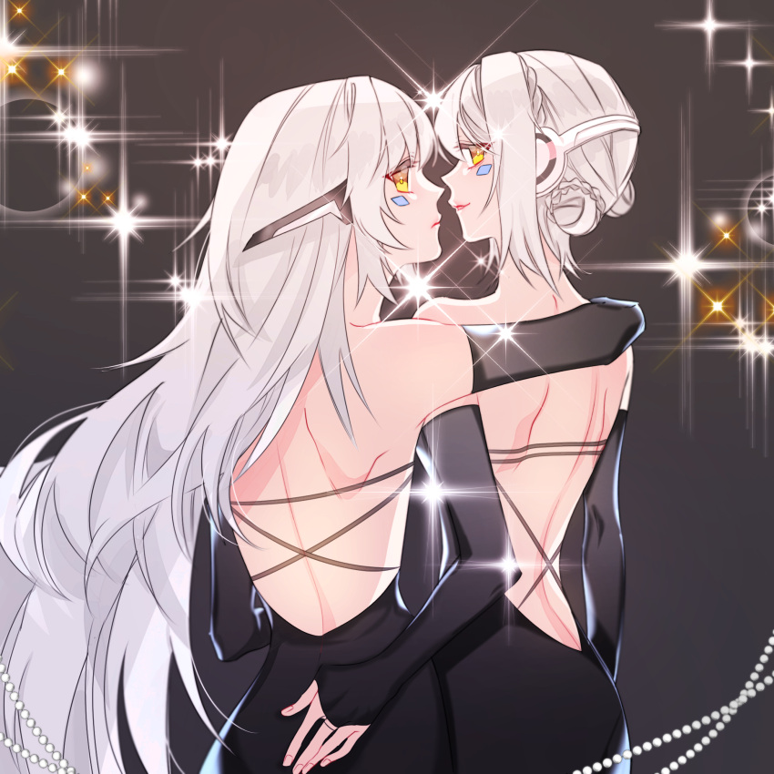arm_over_shoulder, back, black_dress, code:_esencia_(elsword), code:_ultimate_(elsword), dress, elsword, eve_(elsword)