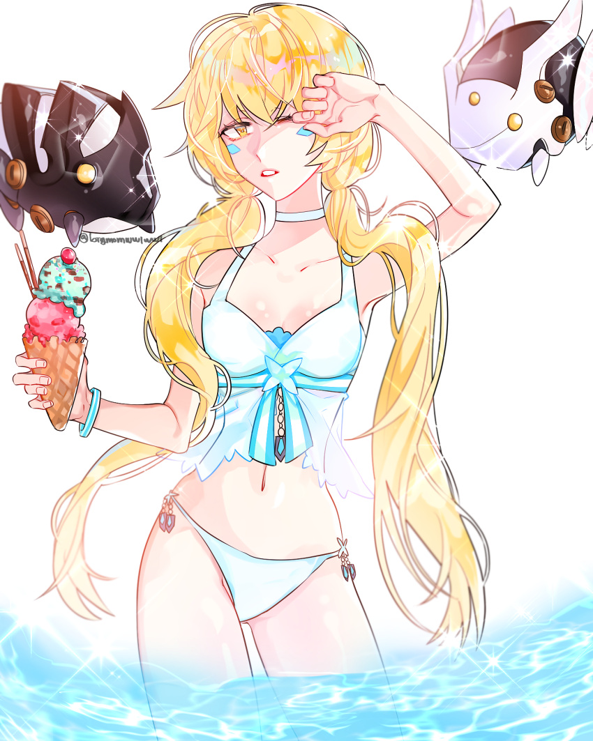 blonde_hair, drone, elsword, eve_(elsword), facial_mark, food, hand_on_own_face, highres