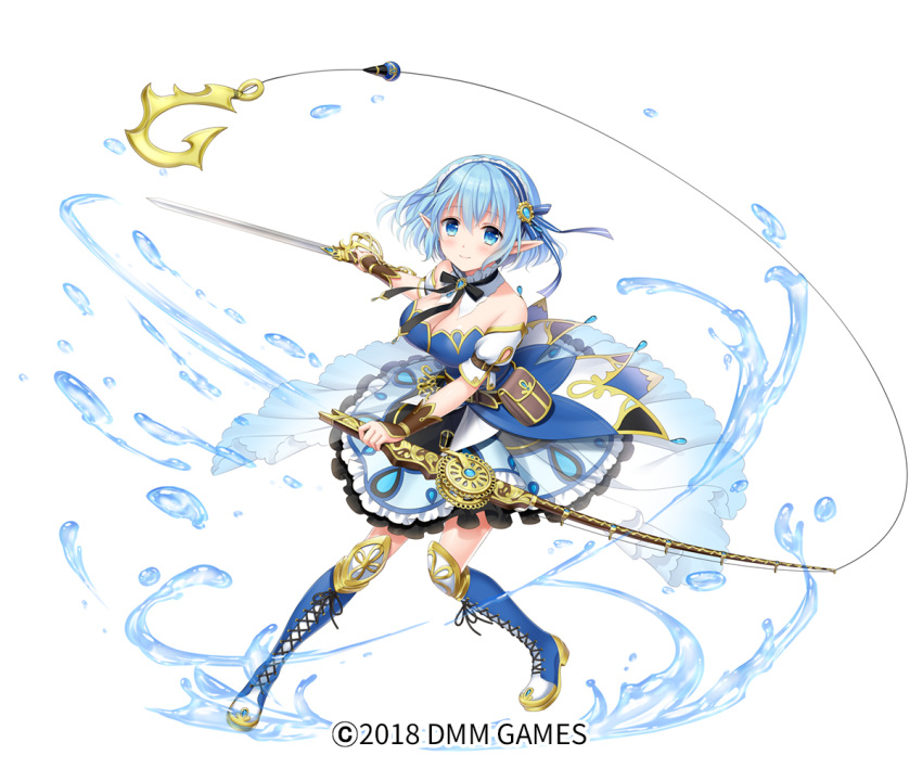 1girl, bare_shoulders, belt_pouch, blue_dress, blue_eyes, blue_footwear, blue_hair, blue_hairband