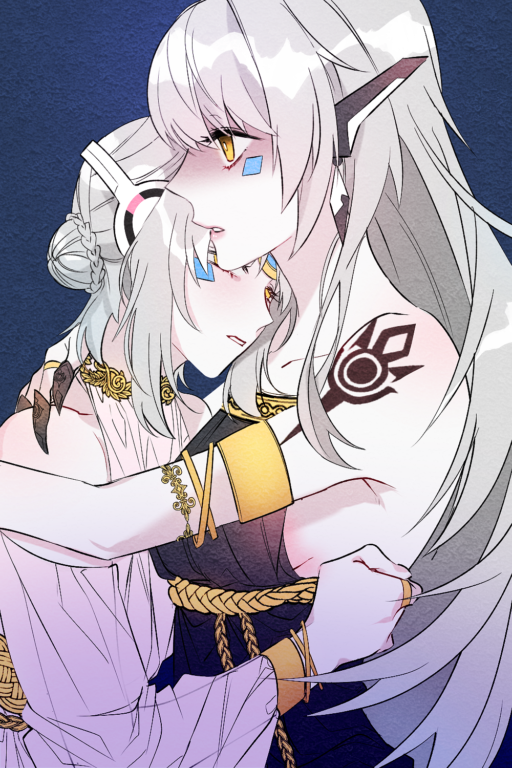 bare_shoulders, claws, code:_sariel_(elsword), code:_ultimate_(elsword), elsword, eve_(elsword), facial_mark, frown, highres, hug, long_hair, mechanical_ears, open_mouth, silver_hair, sulleah, symbol, tattoo, yuri