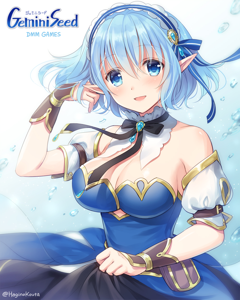 1girl, :d, bare_shoulders, black_ribbon, blue_background, blue_dress, blue_eyes, blue_hair