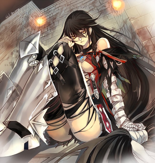 1girl, aonagi_(a-lot-of), bandage, bandaged_arm, bandages, belt, black_choker, black_hair