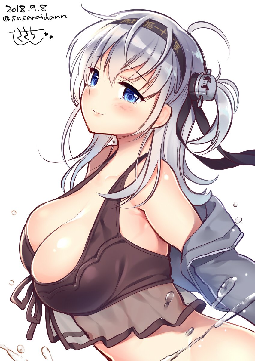 1girl, ahoge, beach, bikini, black_bikini, blue_eyes, breasts, cleavage