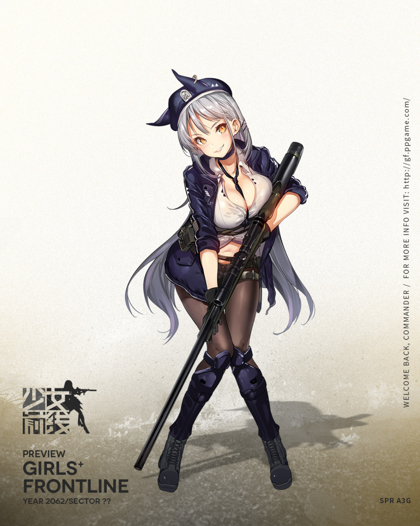 armor, bangs, between_breasts, black_footwear, black_gloves, black_legwear, black_neckwear, black_shorts, blue_hat, blue_jacket, blush, boots, breasts, brown_eyes, character_name, cleavage, collared_shirt, copyright_name, cross-laced_footwear, fn_spr_a3g, full_body, girls_frontline, gloves, gun, hair_ornament, hairclip, hat, head_tilt, highres, holding, holding_gun, holding_weapon, jacket, knees_together_feet_apart, lace-up_boots, large_breasts, leaning_forward, logo, long_hair, navel, necktie, necktie_between_breasts, official_art, open_clothes, open_jacket, pantyhose, parted_lips, pouch, rifle, shin_guards, shirt, short_shorts, shorts, sidelocks, silver_hair, sleeves_rolled_up, smirk, sniper_rifle, spr-a3g_(girls_frontline), stomach, strap, thigh_strap, tied_shirt, trigger_discipline, very_long_hair, weapon, white_shirt, x_hair_ornament, yuran