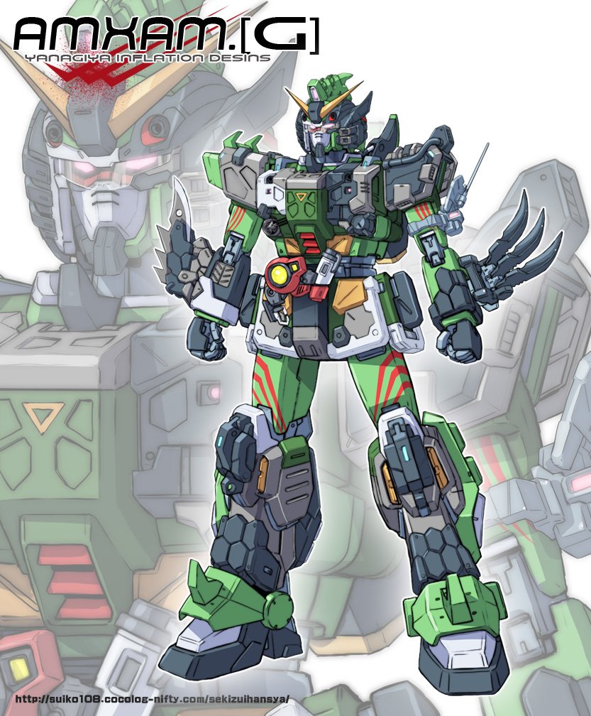 arm_blade, armor, blue_destiny_03, crossover, full_body, gundam, gundam_side_story:_the_blue_destiny, kamen_rider, kamen_rider_amazon_omega, kamen_rider_amazons, mecha, mechanical, mechanization, no_humans, pink_eyes, standing, visor, weapon, yanagi_joe, zoom_layer