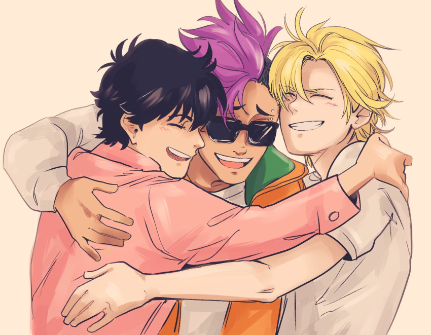 3boys, :d, ash_lynx, banana_fish, black-framed_eyewear, black_hair, blonde_hair, closed_eyes