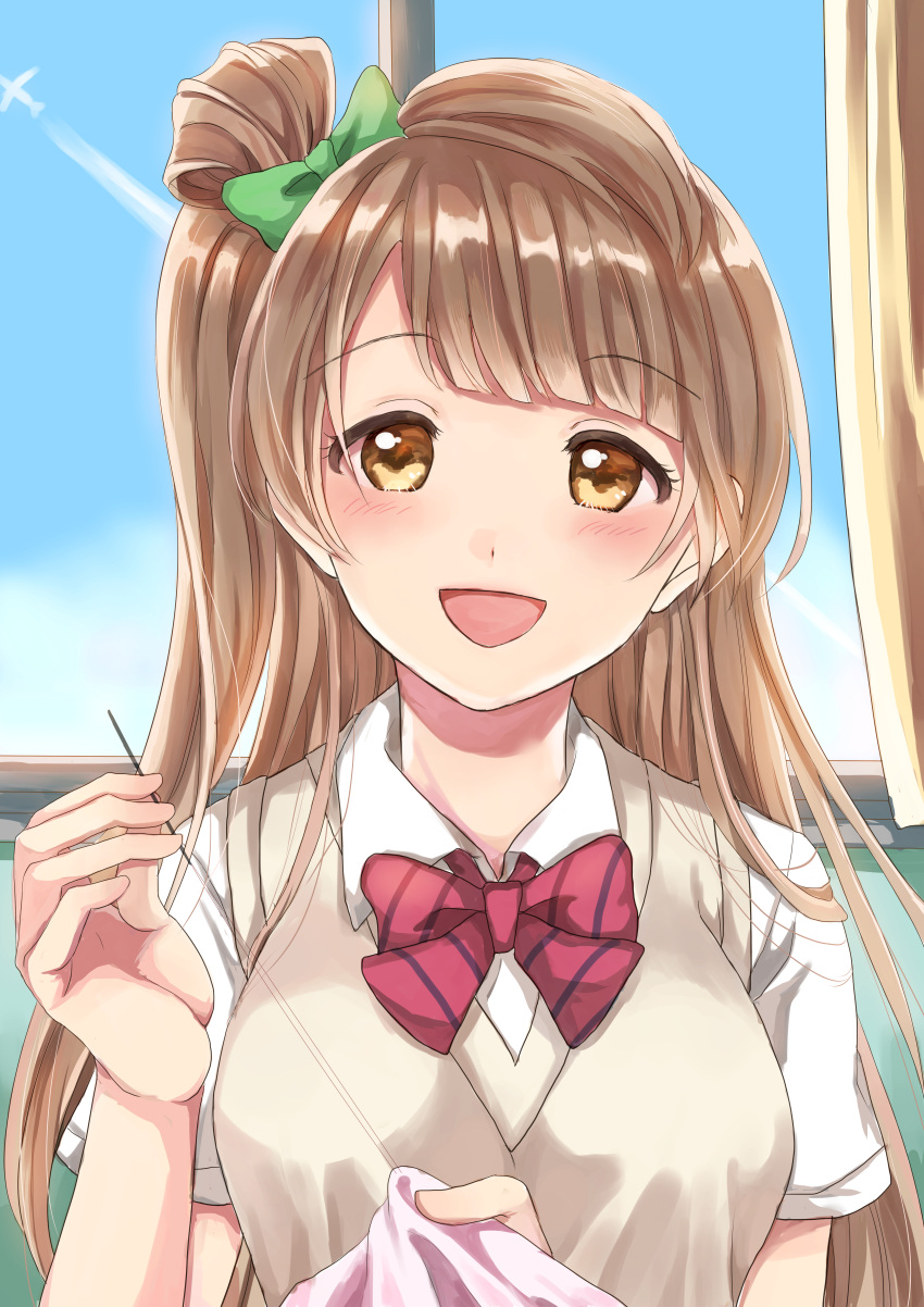 1girl, :d, absurdres, bangs, blush, bow, bowtie, brown_hair, collared_shirt, commentary_request, condensation_trail, curtains, eyebrows_visible_through_hair, green_bow, hair_bow, highres, holding_needle, huge_filesize, long_hair, looking_at_viewer, love_live!, love_live!_school_idol_project, minami_kotori, nanami_(nnsk_nnm), needle, one_side_up, open_mouth, otonokizaka_school_uniform, red_neckwear, sewing, sewing_needle, shirt, short_sleeves, smile, solo, striped_neckwear, sweater_vest, upper_body, white_shirt, window