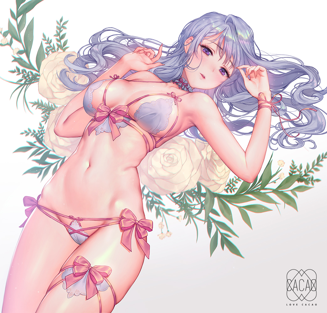 1girl, arm_at_side, armpits, artist_name, bangs, bare_arms, bare_legs, bare_shoulders, bikini, blush, breasts, choker, cleavage, collarbone, commentary, eyebrows_visible_through_hair, frilled_choker, frills, gradient, gradient_background, grey_background, hair_between_eyes, halter_top, halterneck, lips, long_hair, looking_at_viewer, love_cacao, lying, medium_breasts, micro_bikini, midriff, navel, on_back, original, parted_lips, pink_lips, revealing_clothes, rose_background, shiny, shiny_skin, sideboob, silver_bikini, silver_hair, skindentation, solo, stomach, swimsuit, thigh_strap, thighs, violet_eyes, wavy_hair