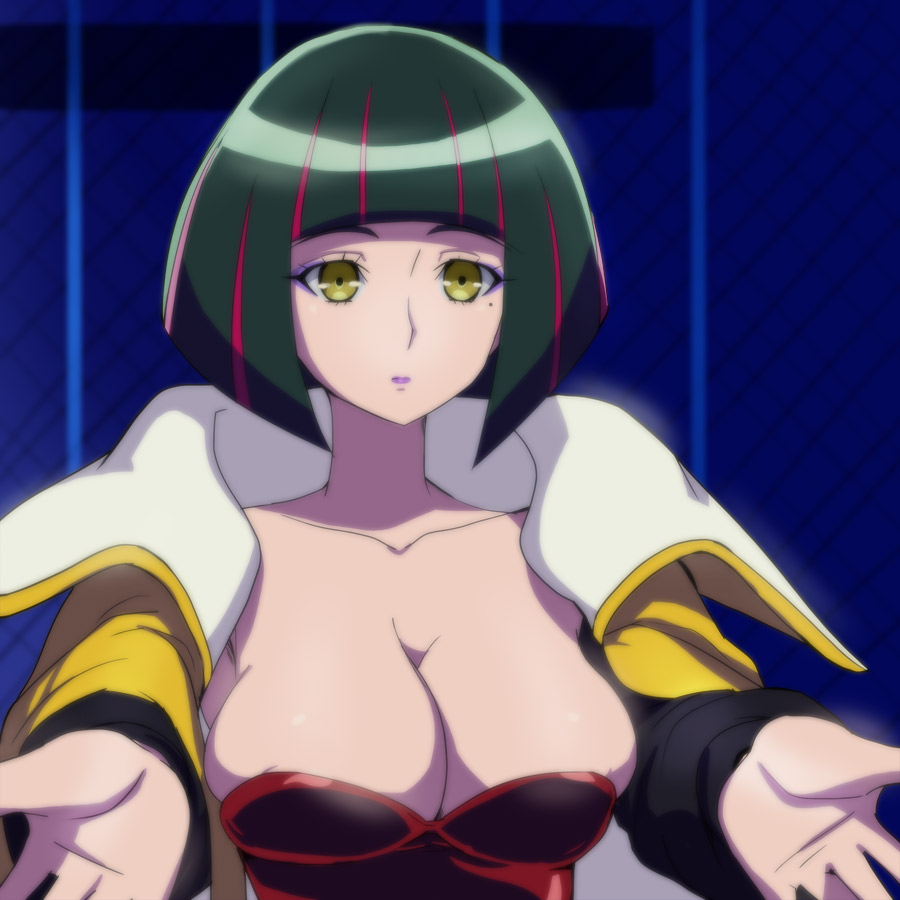 1girl, breasts, cleavage, collarbone, gelos_(precure), green_hair, haruyama_kazunori, hugtto!_precure