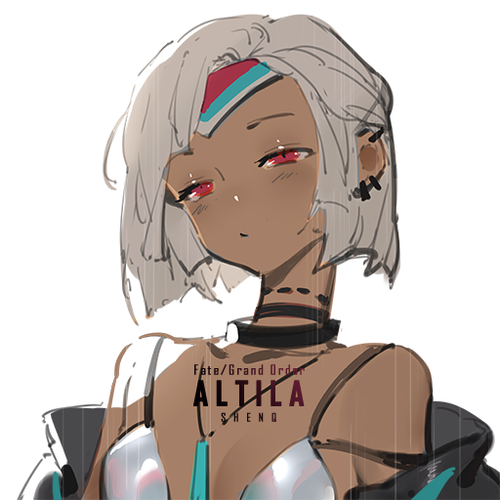 1girl, altera_(fate), alternate_costume, bangs, bare_shoulders, breasts, character_name, choker, cleavage, closed_mouth, collarbone, copyright_name, dark_skin, earrings, fate/extella, fate/extra, fate/grand_order, fate_(series), jewelry, looking_at_viewer, lowres, red_eyes, shenq, short_hair, small_breasts, solo, tan, white_hair