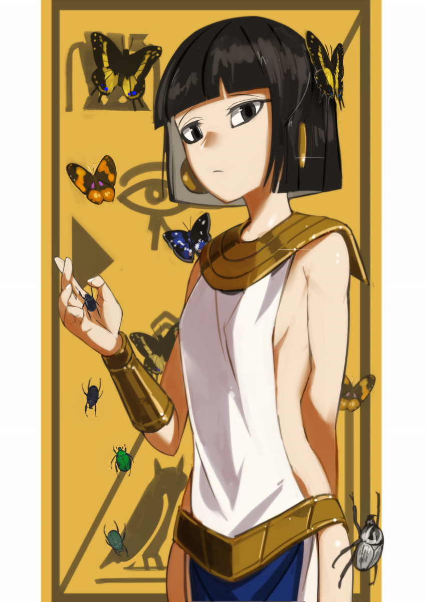 1girl, anjisbai, arm_behind_back, beetle, black_eyes, black_hair, bracelet, breasts
