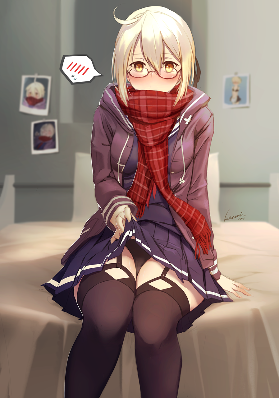 1girl, 2018, ahoge, arm_support, artoria_pendragon_(all), bangs, bed, black-framed_eyewear