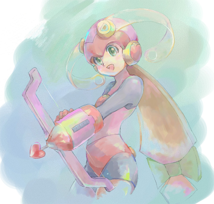 1girl, :d, blonde_hair, blush, bodysuit, bow_(weapon), cropped_legs, dinef, female, gloves, green_eyes, heart-shaped_arrow, heart_arrow, helmet, leotard, long_hair, low-tied_long_hair, netnavi, open_mouth, pink_bodysuit, pink_gloves, pink_helmet, pink_leotard, rockman, rockman_exe, roll_exe, smile, solo, standing, thigh-highs, weapon