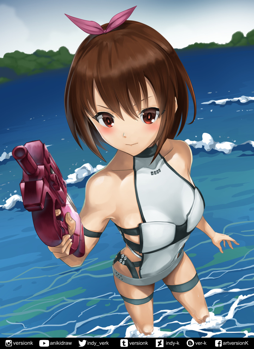 1girl, arm_strap, bare_shoulders, blush, bow, brown_eyes, brown_hair, bullpup