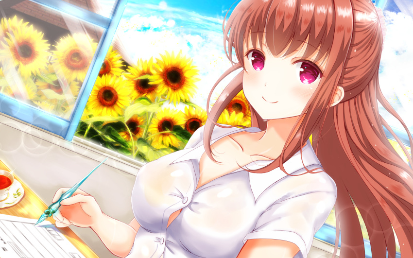 1girl, amatsu_kanata, bangs, blue_sky, breasts, brown_hair, clouds, cloudy_sky