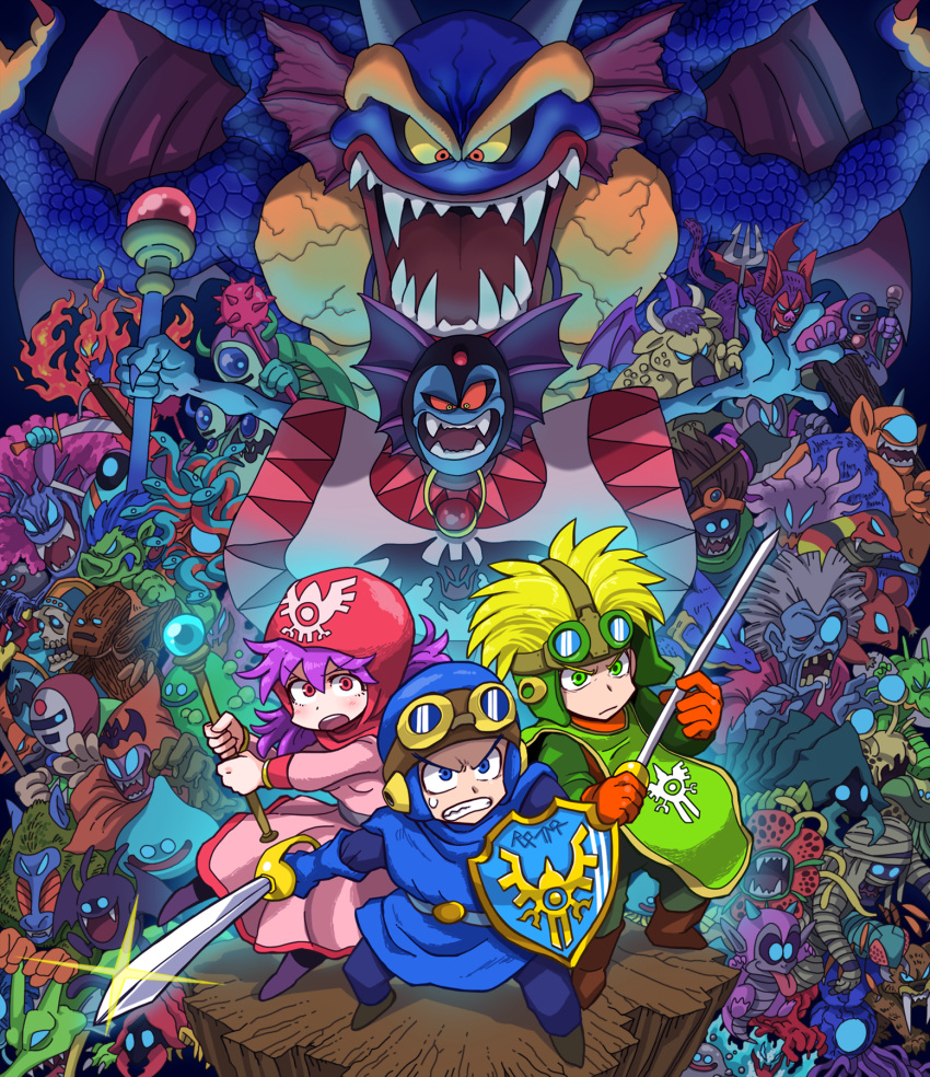 1girl, 2boys, blonde_hair, blue_gloves, breasts, commentary_request, dragon_quest, dragon_quest_ii, drakee, everyone, gloves, goggles, graphite_(medium), hargon, highres, hoimi_slime, hood, kafun, long_hair, medium_breasts, medium_hair, monster, multiple_boys, open_mouth, prince_of_lorasia, prince_of_samantoria, princess_of_moonbrook, short_hair, sidoh, slime_(dragon_quest), spiky_hair, sword, traditional_media, weapon