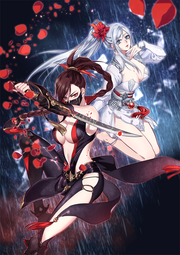 2girls, anklet, baisi_shaonian, barefoot, black_gloves, blue_eyes, boots, braid