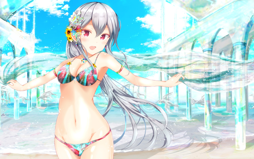 1girl, :d, architecture, armpits, bangs, bare_shoulders, beach, bikini