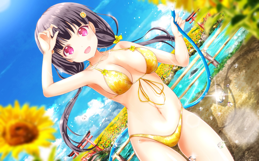 1girl, :d, architecture, arm_up, armpits, bangs, bare_arms, bare_shoulders