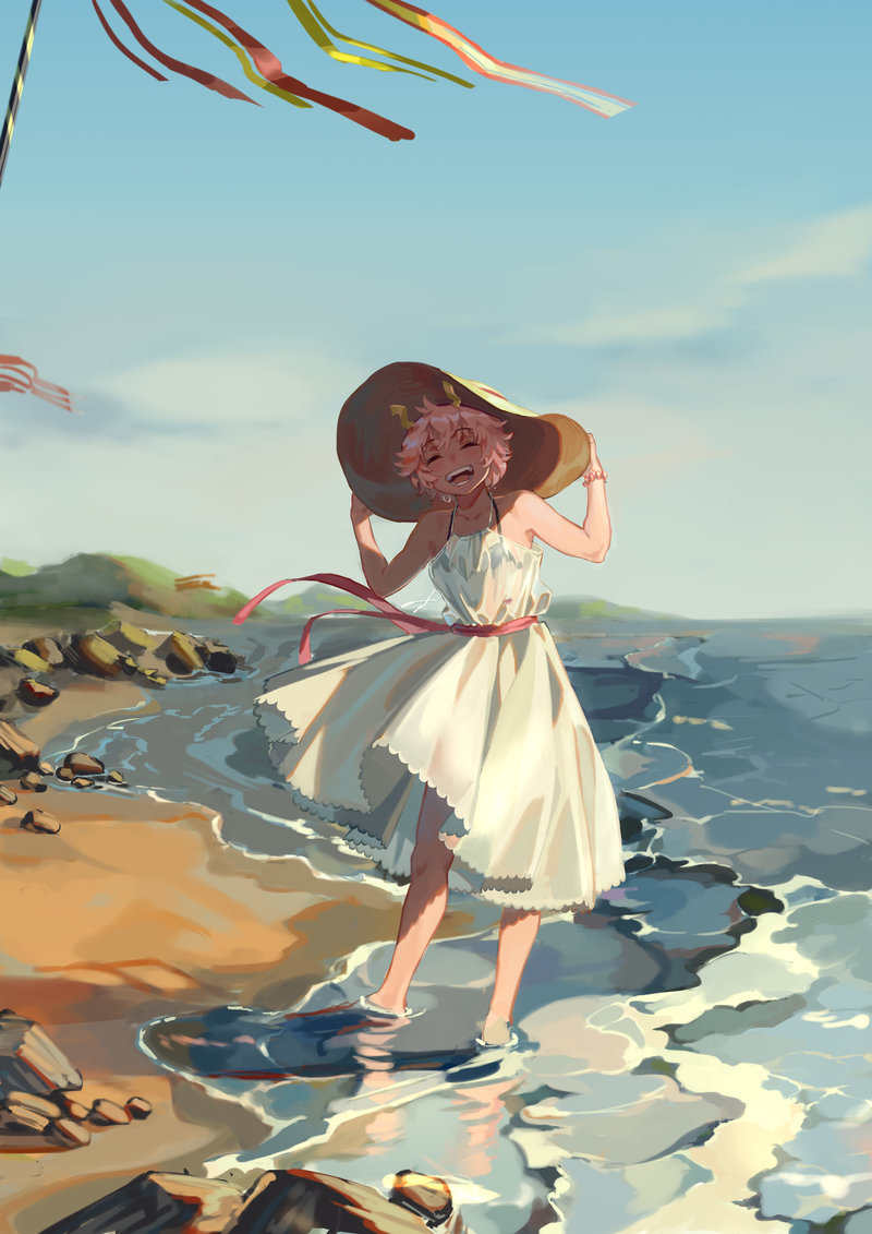 1girl, ashido_mina, beach, blue_sky, blurry, boku_no_hero_academia, closed_eyes, depth_of_field