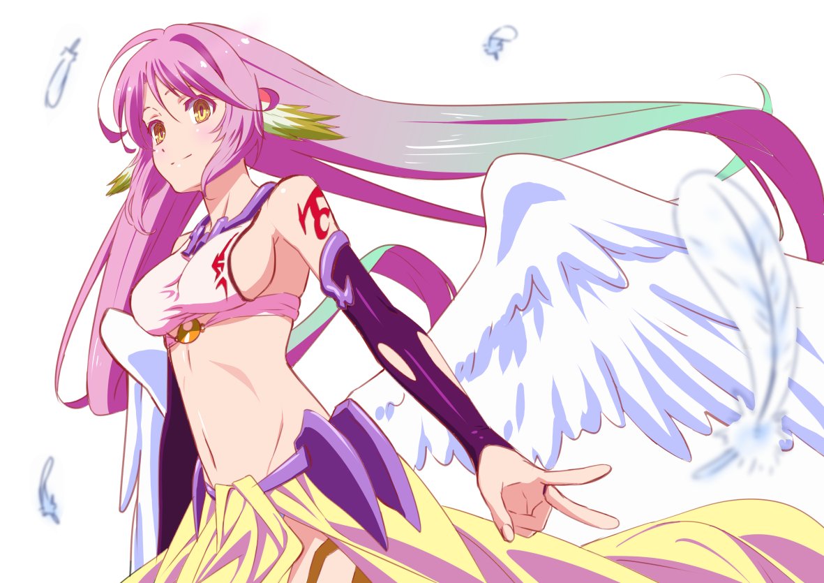 1girl, angel_wings, breasts, bridal_gauntlets, closed_mouth, commentary_request, crop_top, feathered_wings, feathers, gradient_hair, jibril_(no_game_no_life), large_breasts, long_hair, low_wings, midriff, multicolored, multicolored_eyes, multicolored_hair, navel, no_game_no_life, ooya_kouji, pink_hair, sideboob, smile, solo, tattoo, v, very_long_hair, violet_eyes, white_wings, wing_ears, wings, yellow_eyes