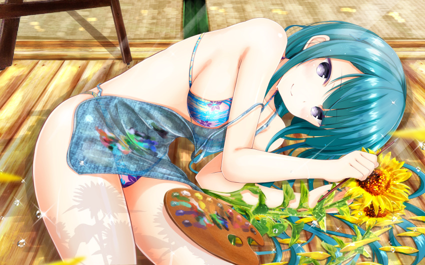 1girl, apron, aqua_hair, art_brush, bangs, bare_arms, bare_shoulders, bikini