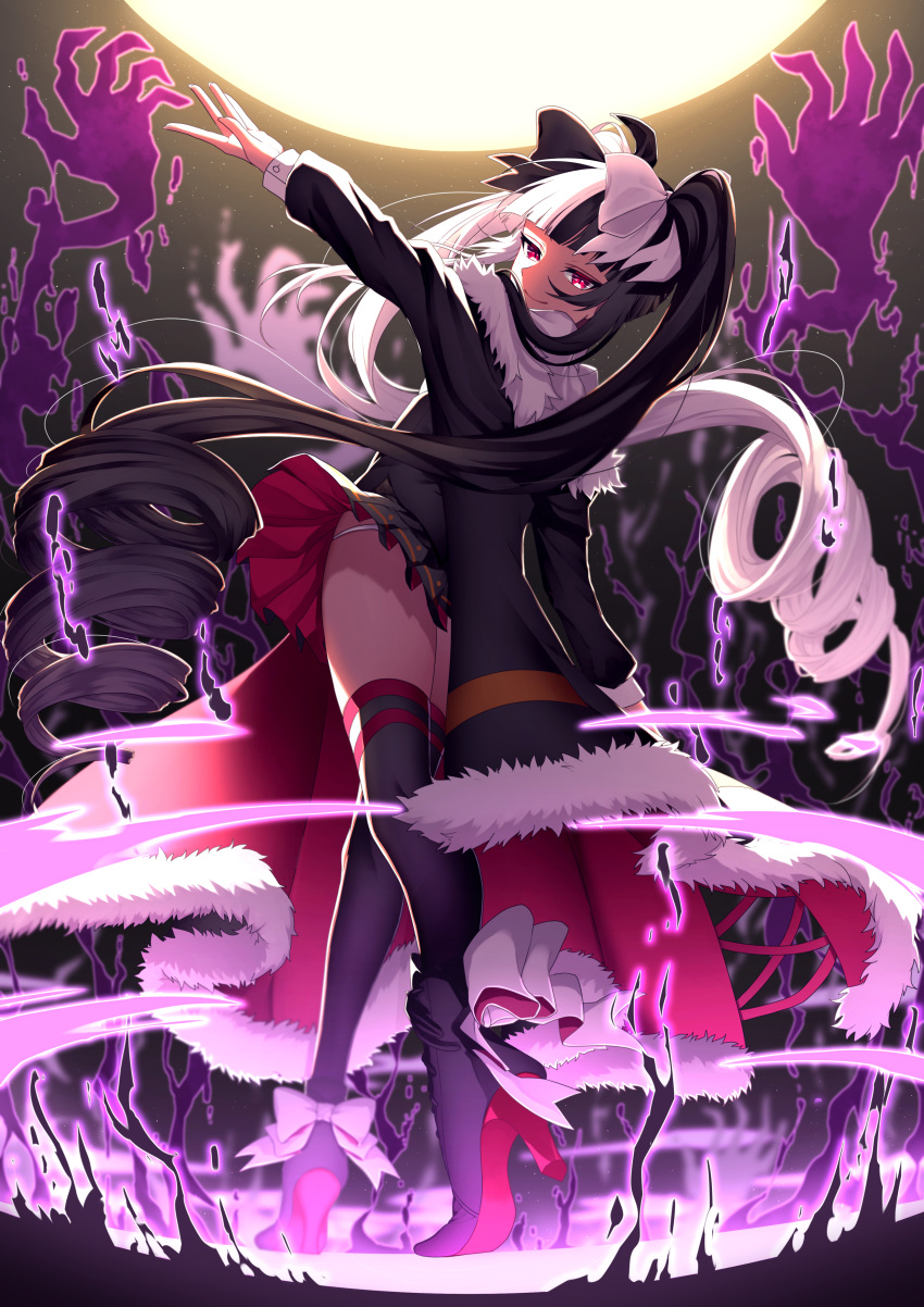 1girl, absurdres, bangs, black_bow, black_coat, black_footwear, black_hair, black_legwear, blunt_bangs, bow, forute_na, fur_trim, hair_bow, high_heels, highres, long_hair, looking_at_viewer, looking_back, magic, moon, multicolored_hair, night, original, panties, pleated_skirt, red_eyes, skirt, skirt_lift, smile, smirk, solo, standing, thigh-highs, thighs, twintails, two-tone_hair, underwear, very_long_hair, white_bow, white_hair, white_panties