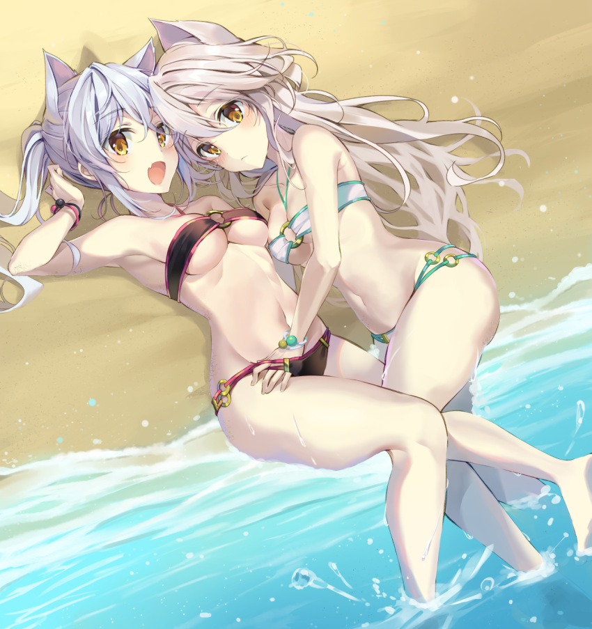 2girls, :d, armpits, ass, bare_arms, bare_legs, bare_shoulders, beach