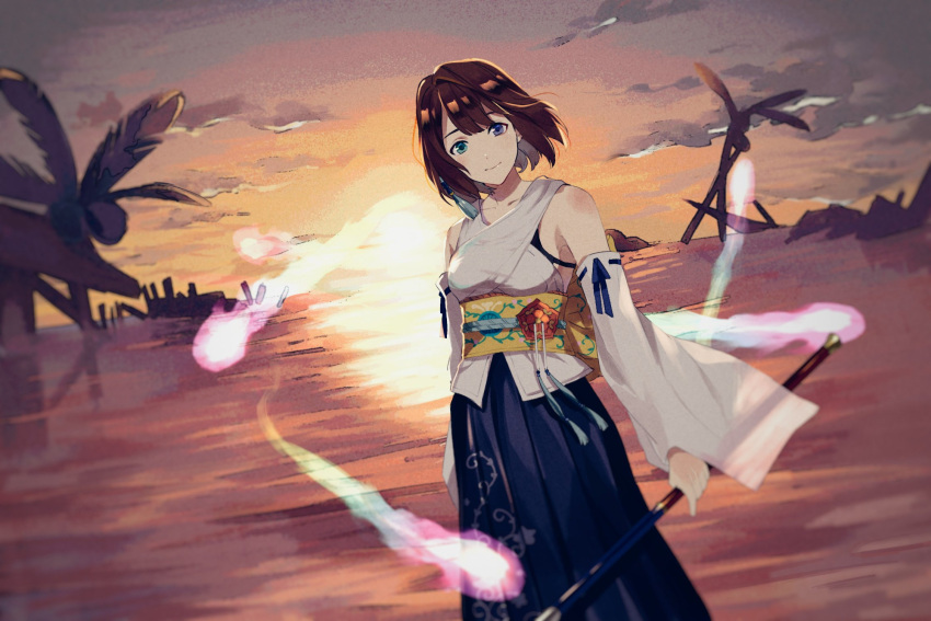 1girl, aura, bangs, bare_shoulders, blue_hakama, brown_hair, closed_mouth, clouds, commentary, detached_sleeves, dusk, facing_viewer, fern, final_fantasy, final_fantasy_x, hair_between_eyes, hair_ornament, hakama, heterochromia, highres, holding, holding_staff, japanese_clothes, kimono, looking_at_viewer, obi, ocean, pale_skin, print_hakama, sash, short_hair, short_kimono, sky, sleeveless, sleeveless_kimono, smile, staff, sunset, water, white_kimono, wide_sleeves, yawatofu, yuna