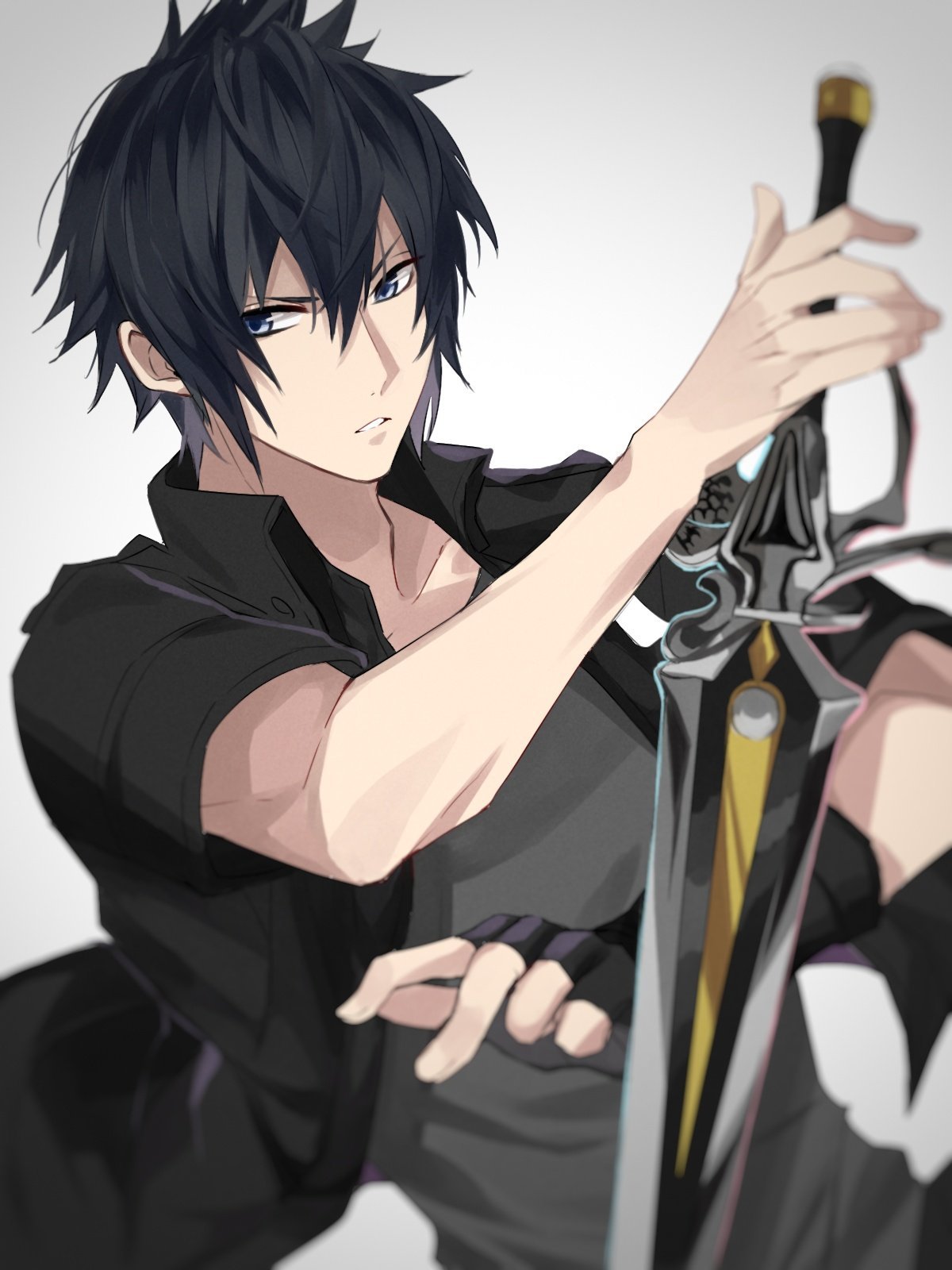 1boy, bangs, black_collar, black_hair, black_jacket, blue_eyes, final_fantasy, final_fantasy_xv, fingerless_gloves, gloves, grey_shirt, hair_between_eyes, highres, holding, holding_sword, holding_weapon, jacket, looking_to_the_side, male_focus, noctis_lucis_caelum, open_clothes, open_jacket, parted_lips, shirt, short_hair, single_glove, spiky_hair, sword, weapon, yawatofu