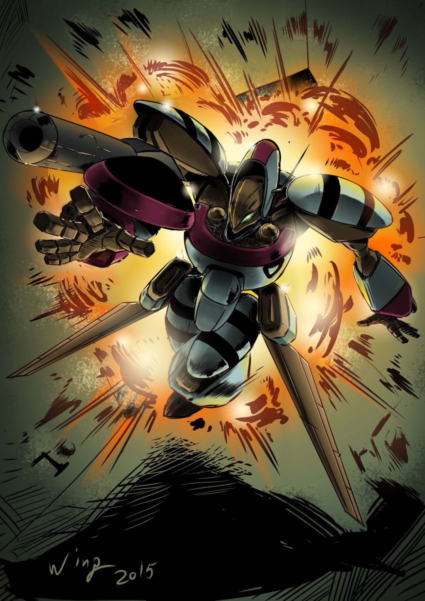 2015, 80s, absurdres, arm_cannon, battle, choujikuu_seiki_orguss, dated, energy_cannon