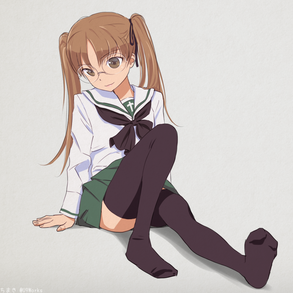 1girl, akagi_(fmttps), arm_support, artist_name, bangs, black_legwear, black_neckwear, black_ribbon