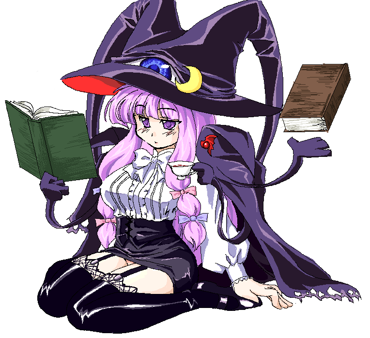 book, cosplay, crescent, crossover, hat, lilith, lilith_(cosplay), long_hair