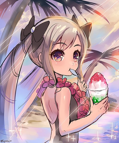 1girl, bangs, bare_arms, bare_shoulders, black_bow, bow, cute, drill_hair