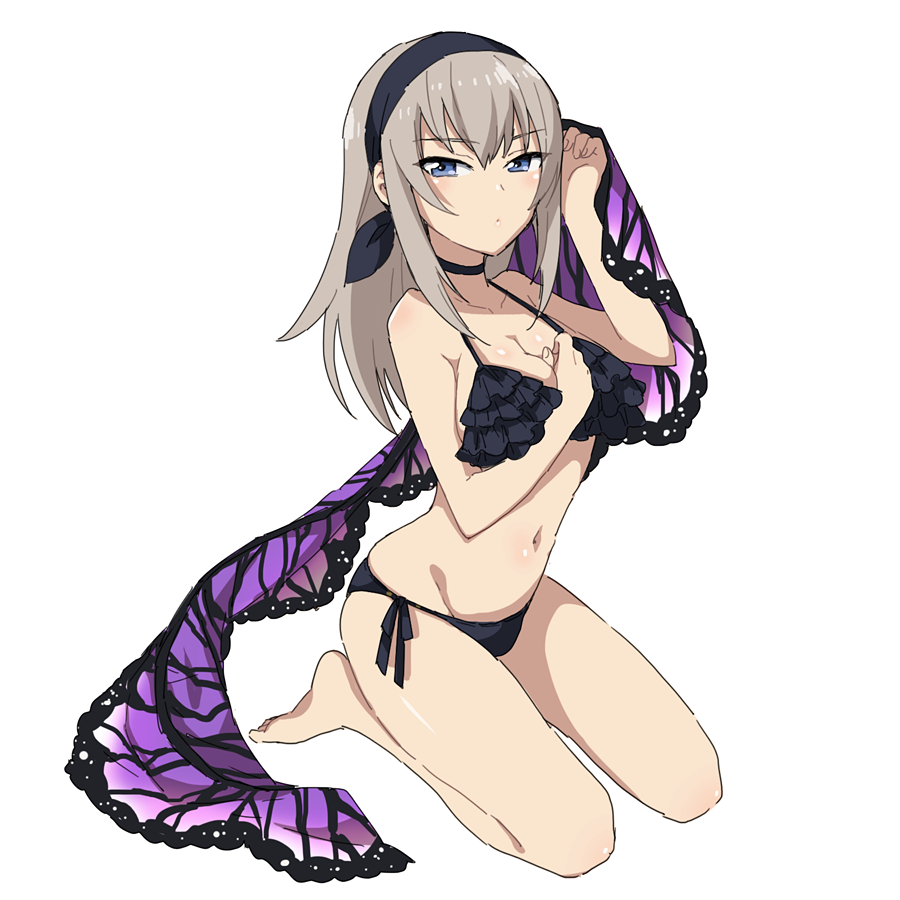 1girl, bangs, barefoot, bikini, black_bikini, black_choker, black_hairband, blue_eyes