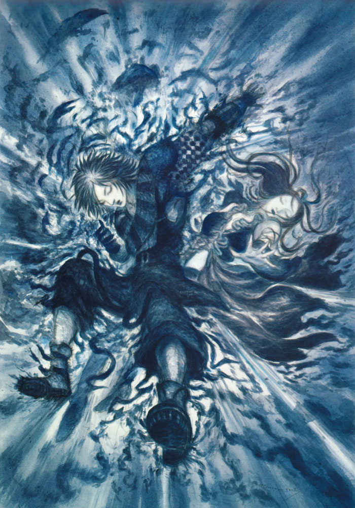 amano_yoshitaka, blue, final_fantasy, final_fantasy_x, final_fantasy_x-2, lenne, monochrome, official_art