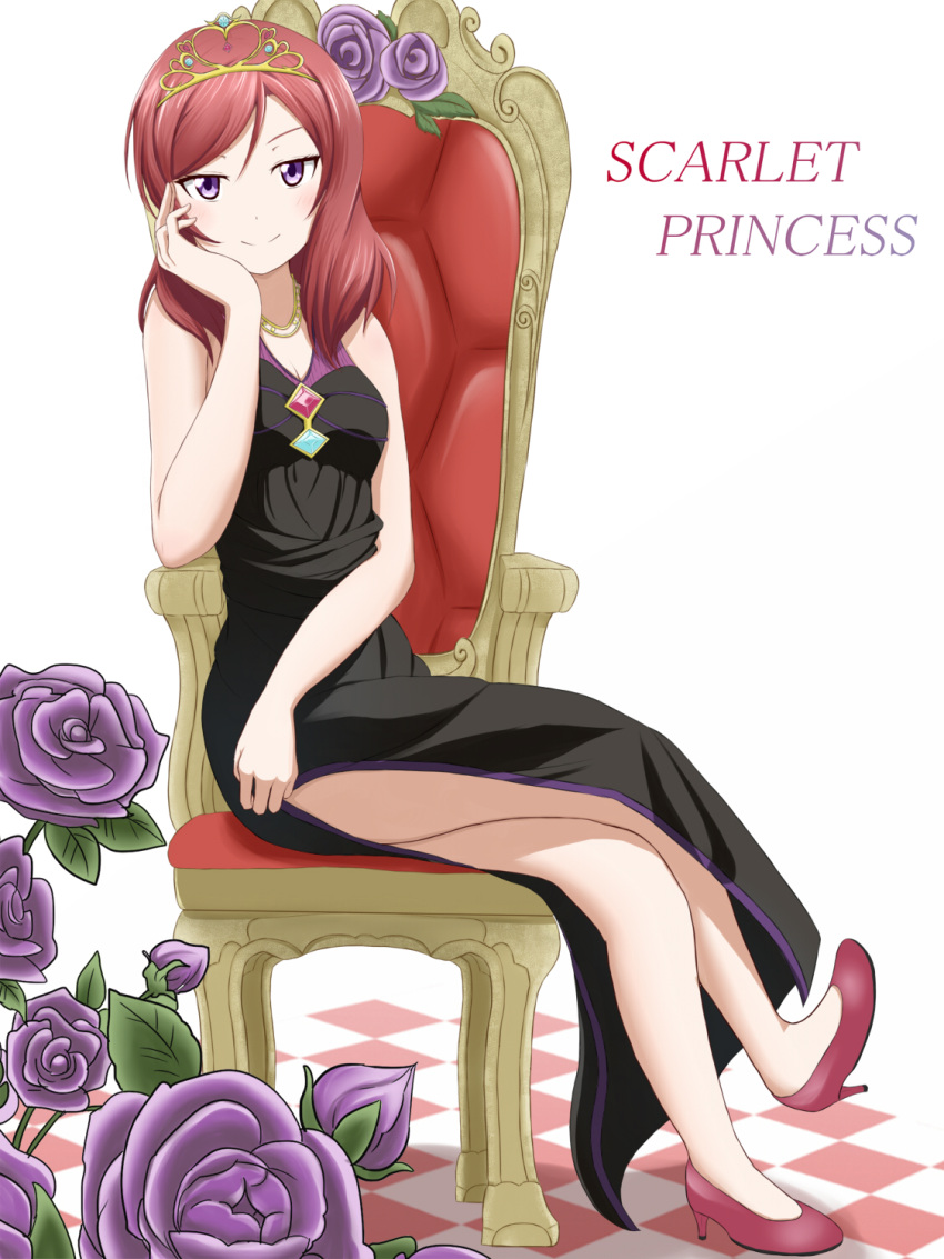 1girl, bangs, black_dress, breasts, character_name, checkered, checkered_floor, chin_rest