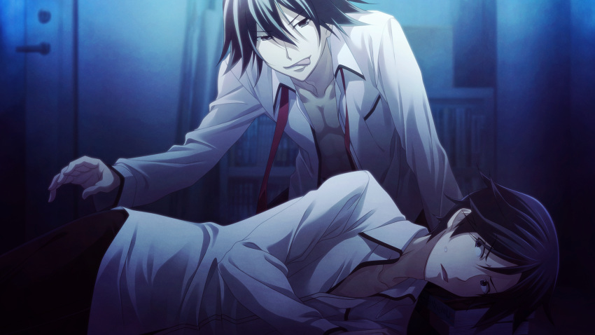 2boys, black_eyes, black_hair, chaos;child, collarbone, dress_shirt, game_cg, hair_between_eyes