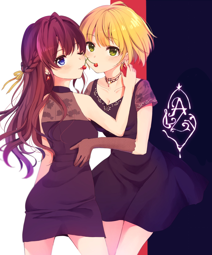 2girls, black_dress, blonde_hair, blue_eyes, braid, breasts, brown_hair, cherry, cleavage, collarbone, cowboy_shot, crazy_crazy_(idolmaster), dress, elbow_gloves, eyebrows_visible_through_hair, fishnet_gloves, fishnets, floating_hair, food, fruit, gloves, green_eyes, hair_ribbon, highres, ichinose_shiki, idolmaster, idolmaster_cinderella_girls, jewelry, lazy_lazy_(idolmaster), long_hair, looking_at_viewer, medium_breasts, miyamoto_frederica, multiple_girls, necklace, one_eye_closed, ribbon, short_dress, short_hair, sleeveless, sleeveless_dress, standing, yellow_ribbon, yuri, yushima