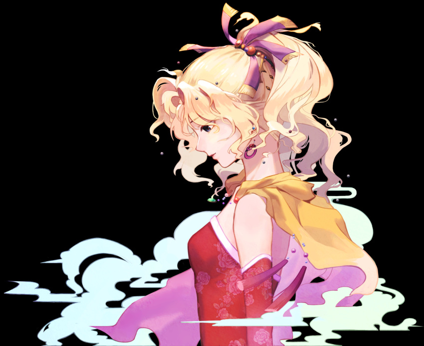 1girl, bare_shoulders, blonde_hair, blue_eyes, bow, detached_sleeves, dress, earrings, final_fantasy, final_fantasy_vi, hair_ribbon, highres, jewelry, lilith-lily, ponytail, ribbon, solo, tina_branford